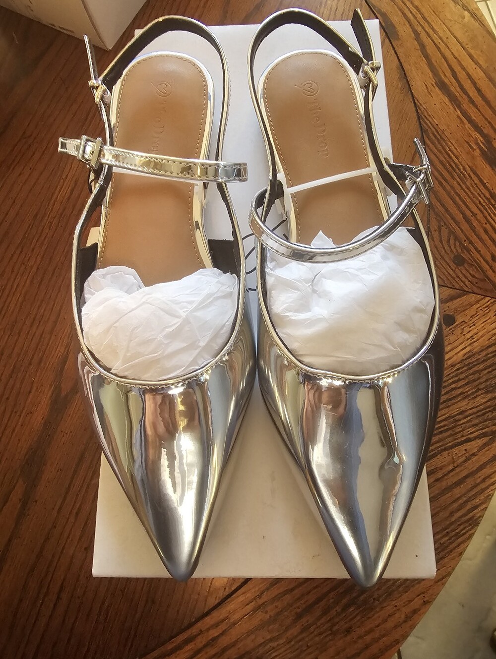 The Drop Metallic Silver Tammie Pointed Slingback Flats New